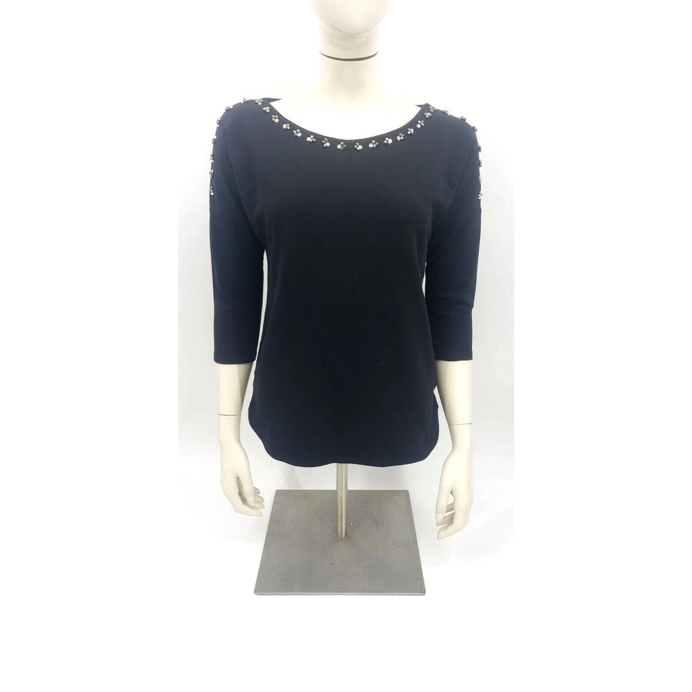 NY & Company  Black Bateau Beaded Studded Neckline Blouse Top Size XS
